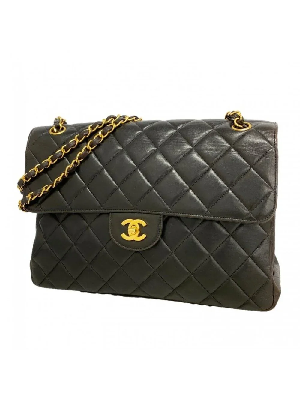 Chanel Shoulder Bag Maxi Quilted Face Lambskin Black Gold